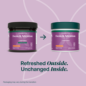 Product Image for Two containers of Charlotte&#39;s Web Focus &amp; Attention supplement on a purple background with text about packaging changes.