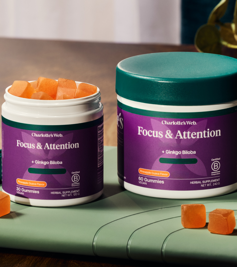 Two containers of Charlotte's Web Focus & Attention gummies on a green surface.
