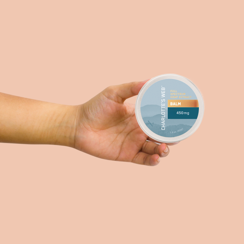 Hand holding a container of Charlotte's Web balm against a beige background