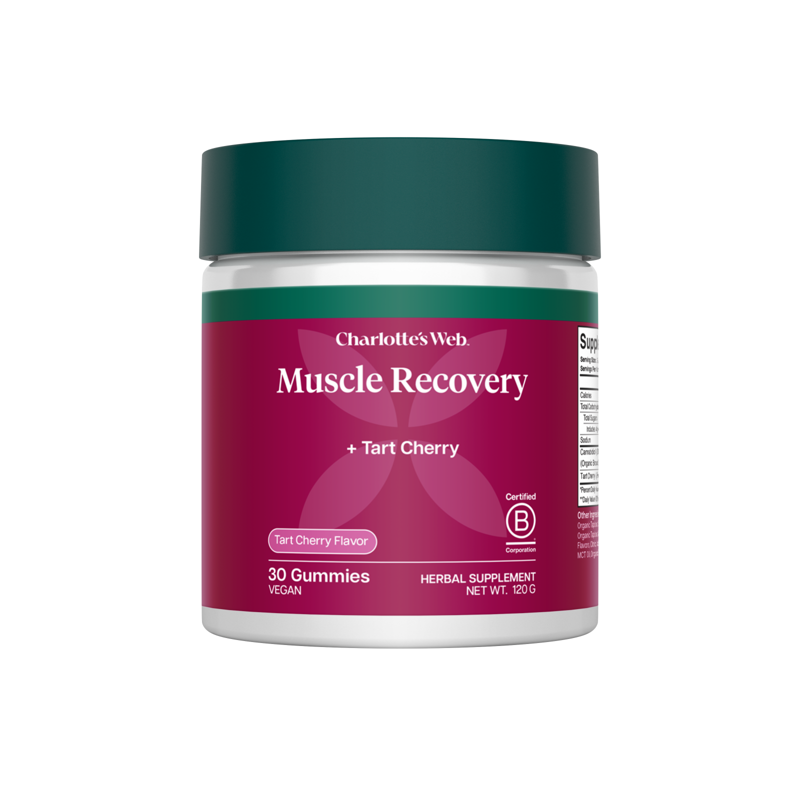 Product Image for Supplement jar labeled &#39;Muscle Recovery + Tart Cherry&#39; by Charlotte&#39;s Web on a white background