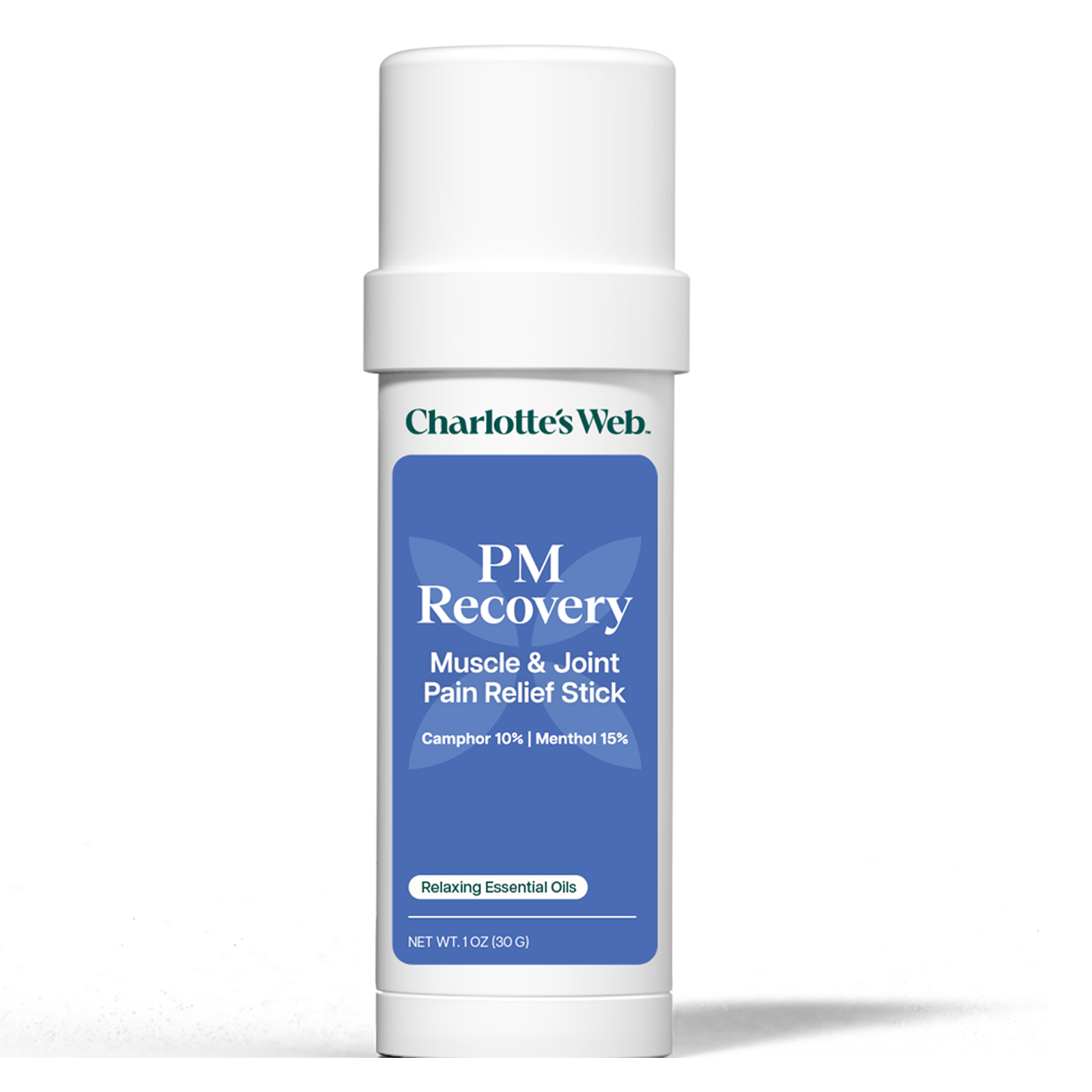 Charlotte's Web PM Recovery muscle and joint pain relief stick on a white background