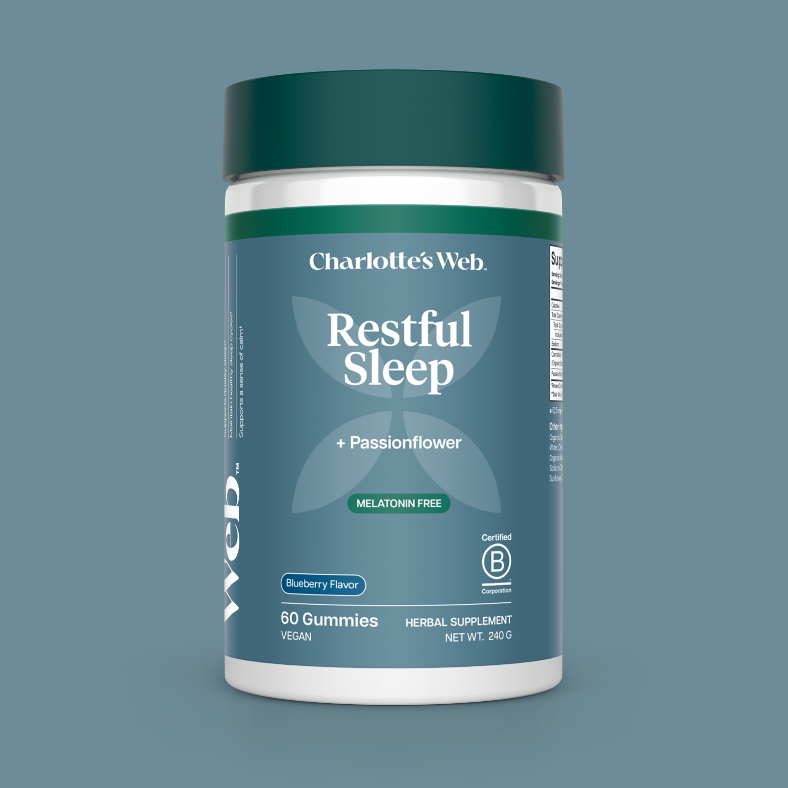 Product Image for Charlotte&#39;s Web Restful Sleep gummy supplement container on a blue background