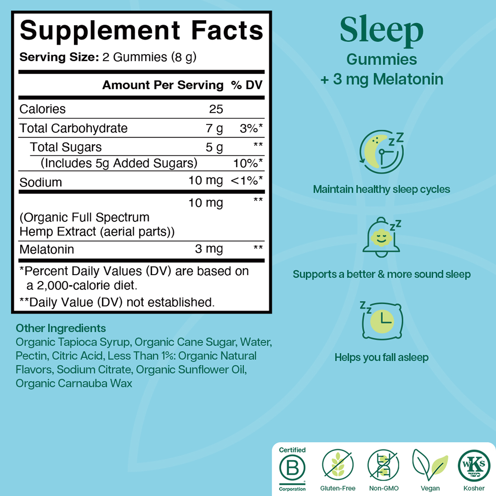 Product Image for Supplement facts label for sleep gummies with melatonin on a blue background