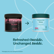 Product Image for Two containers of Charlotte&#39;s Web Sleep gummies on a blue background with text &#39;Refreshed Outside. Unchanged Inside.&#39;