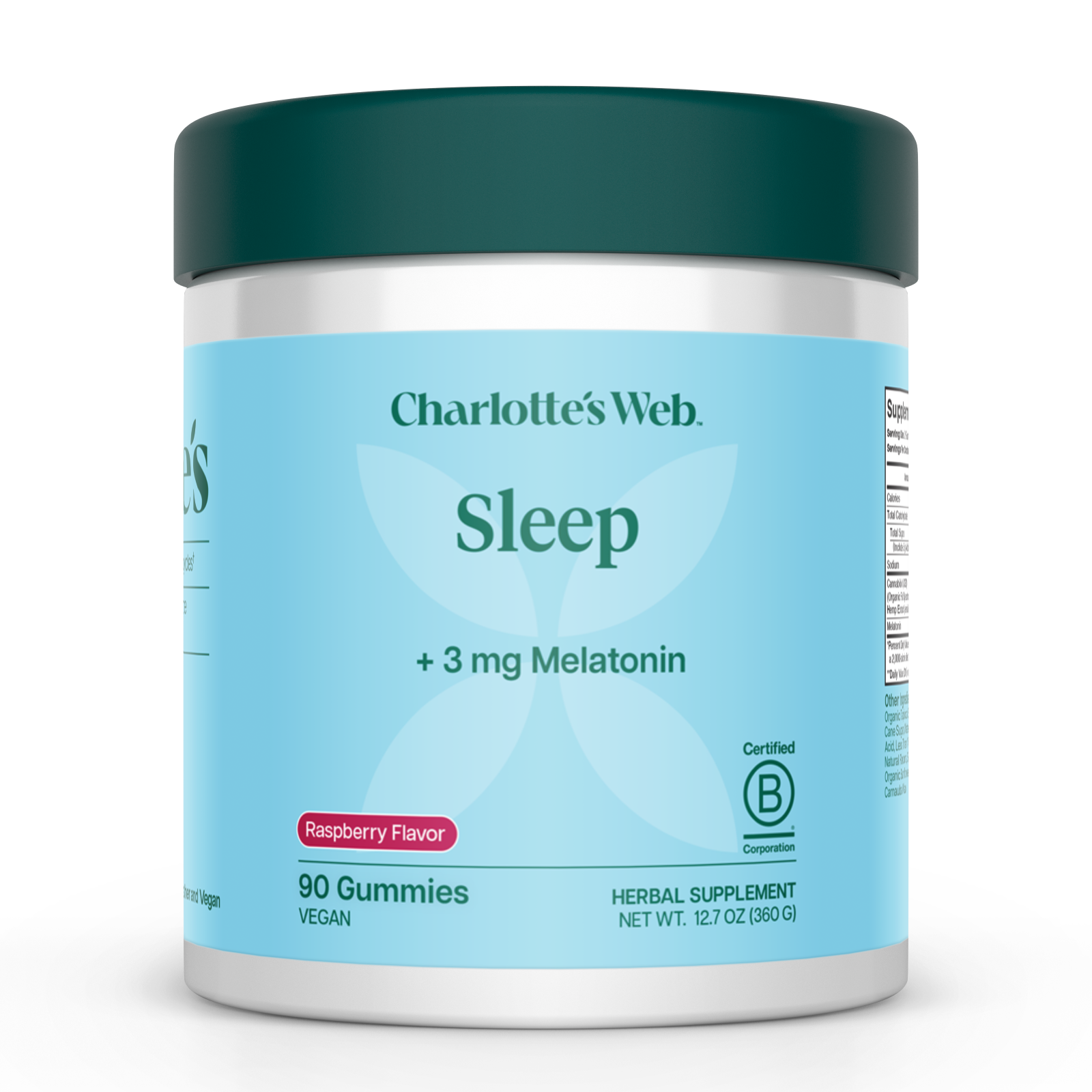 Product Image for Charlotte&#39;s Web Sleep gummies container with blue label and green lid on a white background