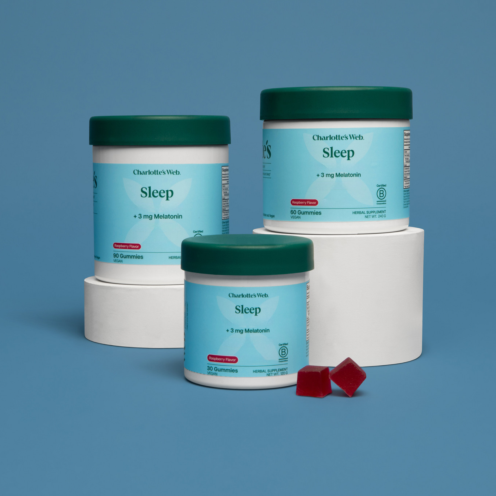Product Image for Three containers of Charlotte&#39;s Web Sleep supplement on a blue background