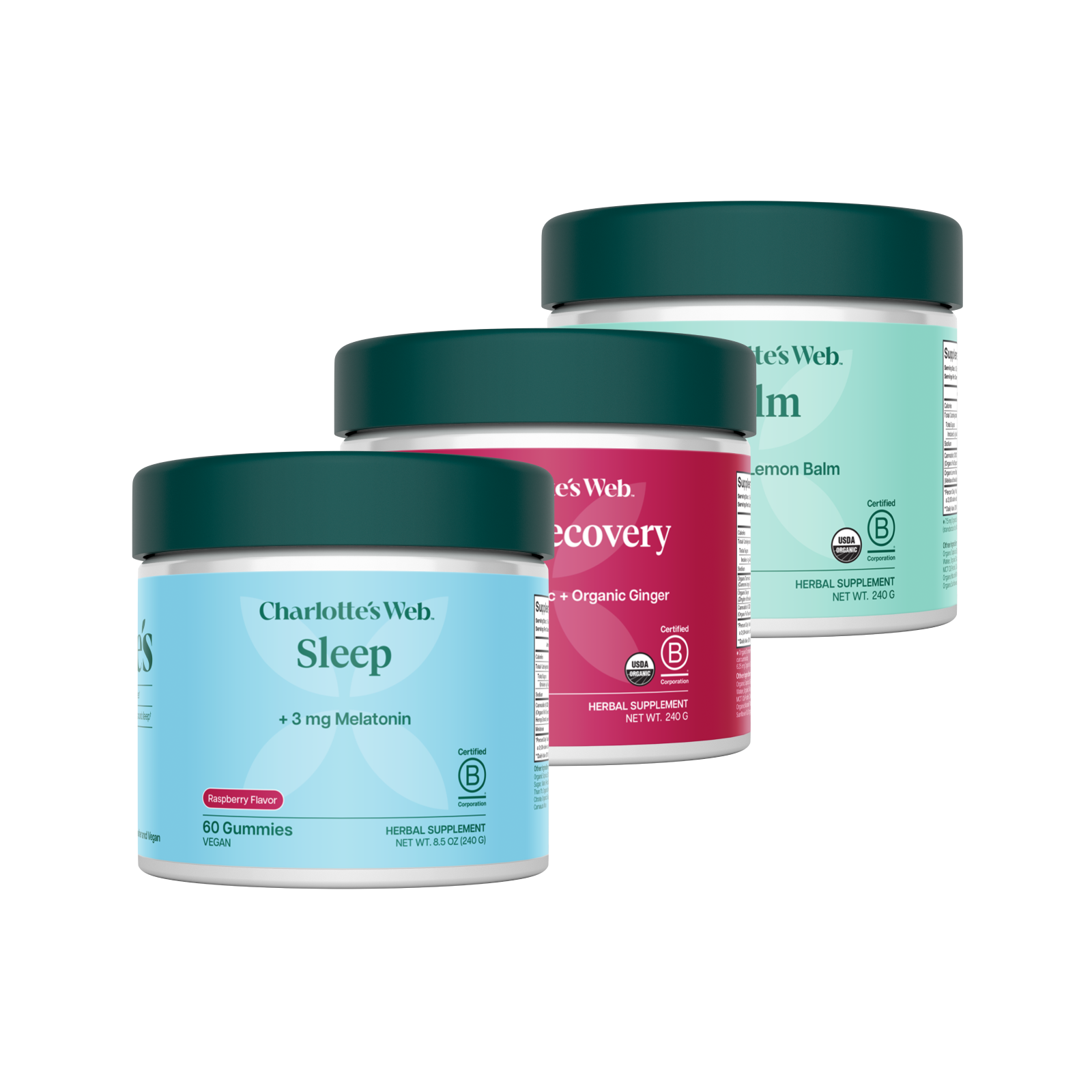 Product Image for Three jars of Charlotte&#39;s Web supplements on a white background