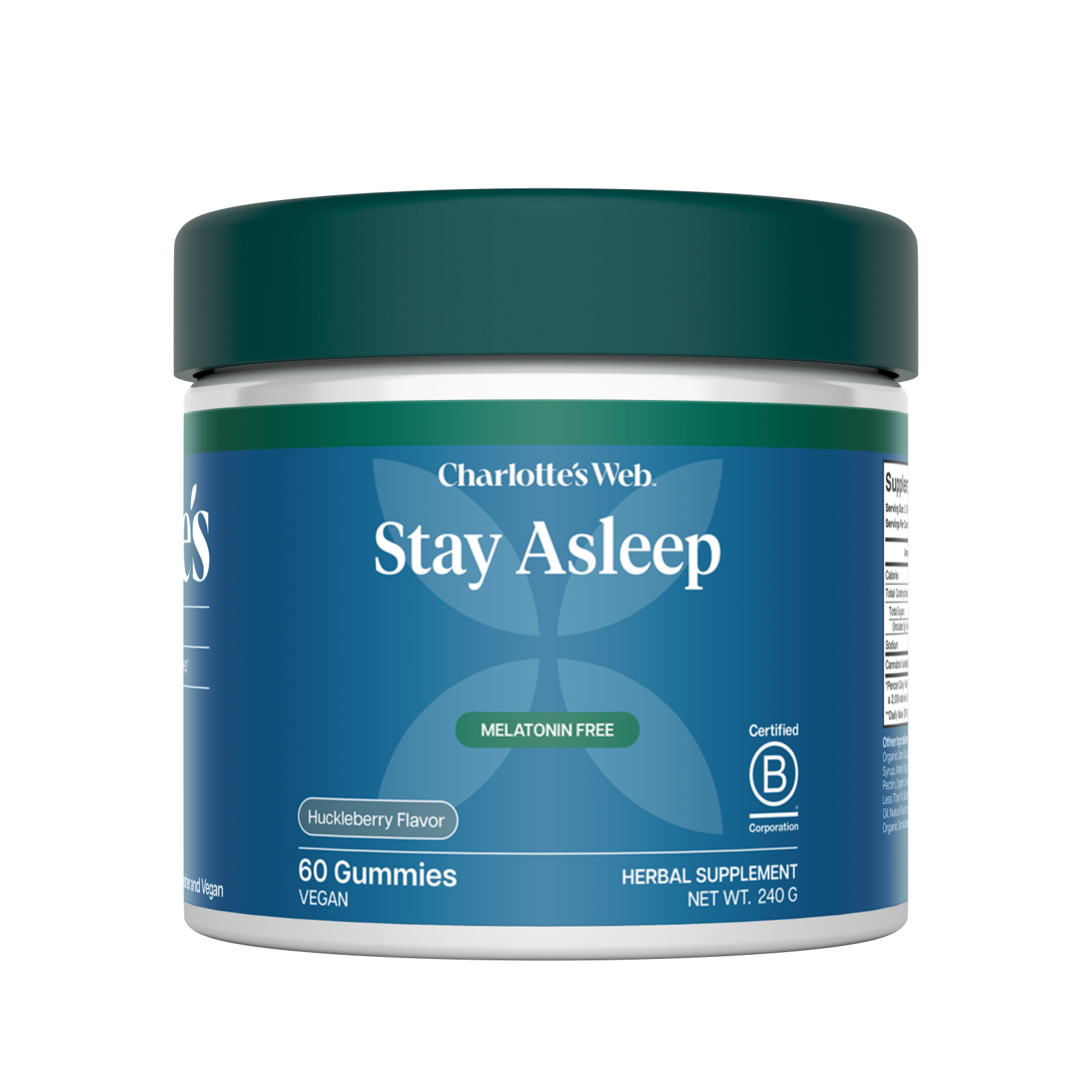 Jar of Charlotte&#39;s Web Stay Asleep gummies on a white background