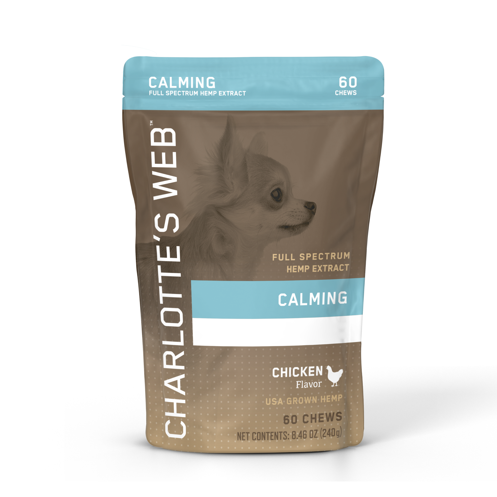 Charlotte's Web calming dog chews packaging on a white background