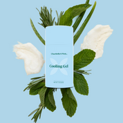 Product Image for Cooling Gel container with mint leaves and aloe on a blue background