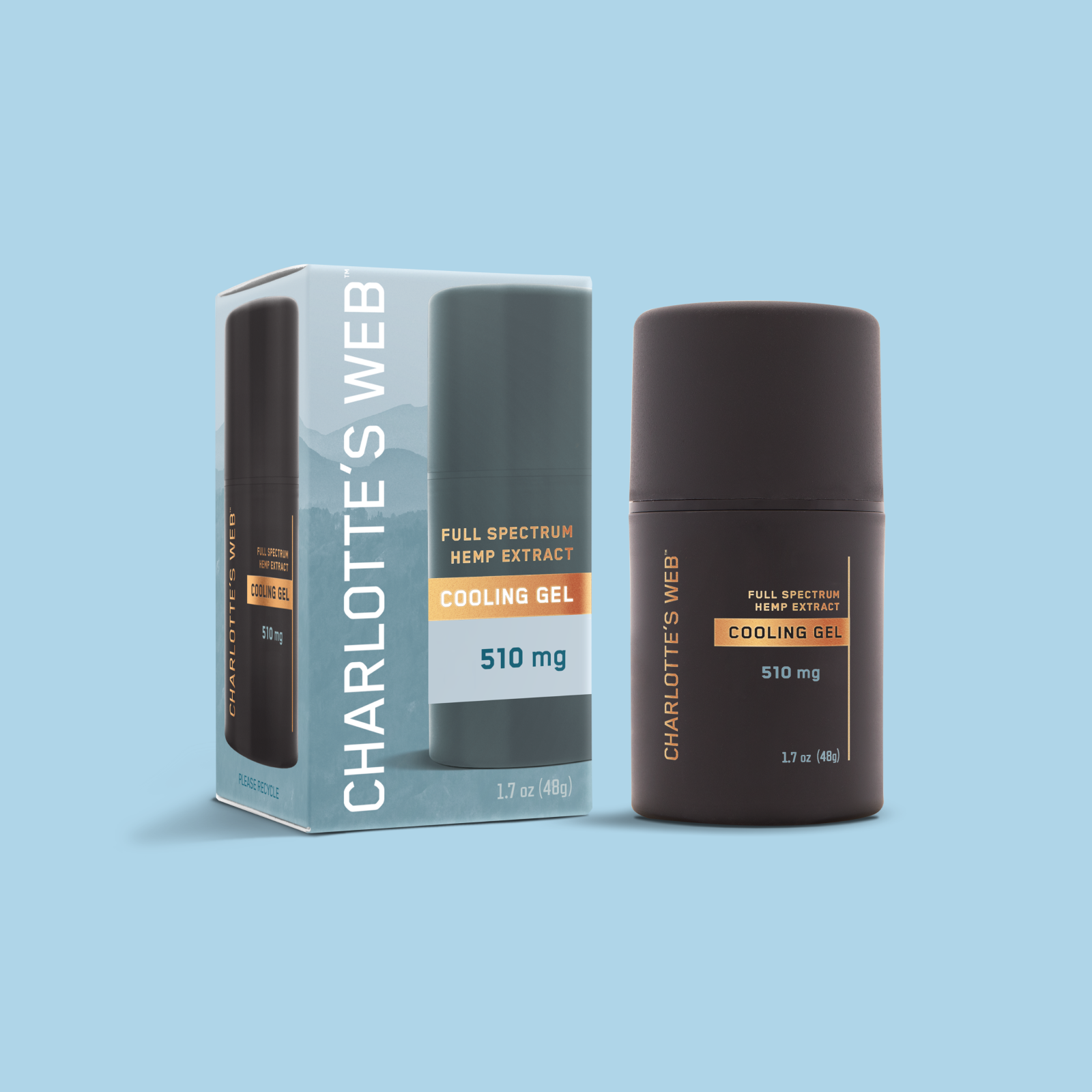 Product Image for Charlotte&#39;s Web full spectrum hemp extract cooling gel with packaging on a light blue background
