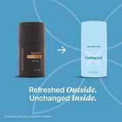 Product Image for Two Charlotte's Web Cooling Gel containers showing before and after packaging on a blue background with an arrow between them and the text 'Refreshed Outside. Unchanged Inside.