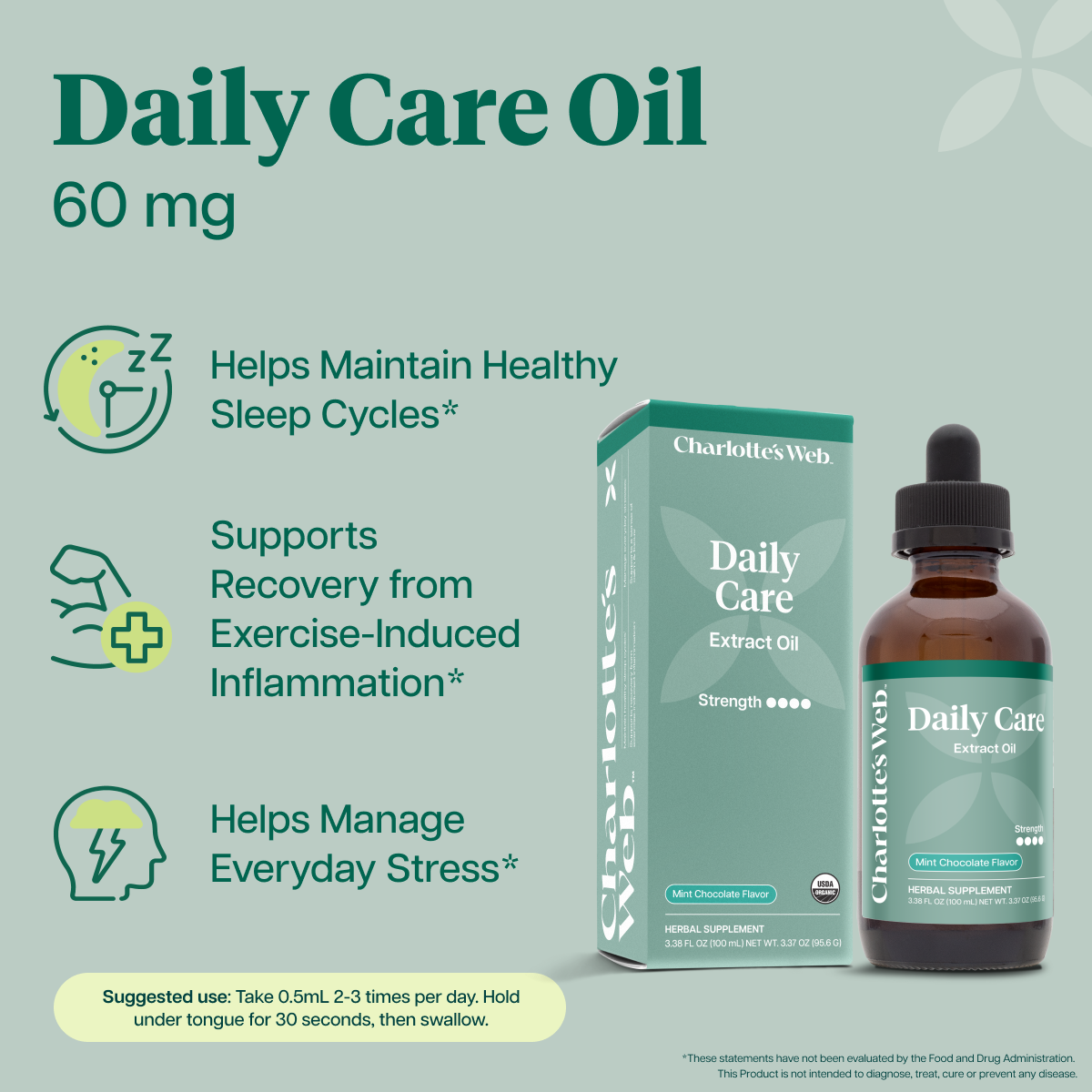 Product Image for Charlotte Web Daily Care Oil 60 mg broad-spectrum hemp bottle and box on a light sage green background with feature icons and usage text.