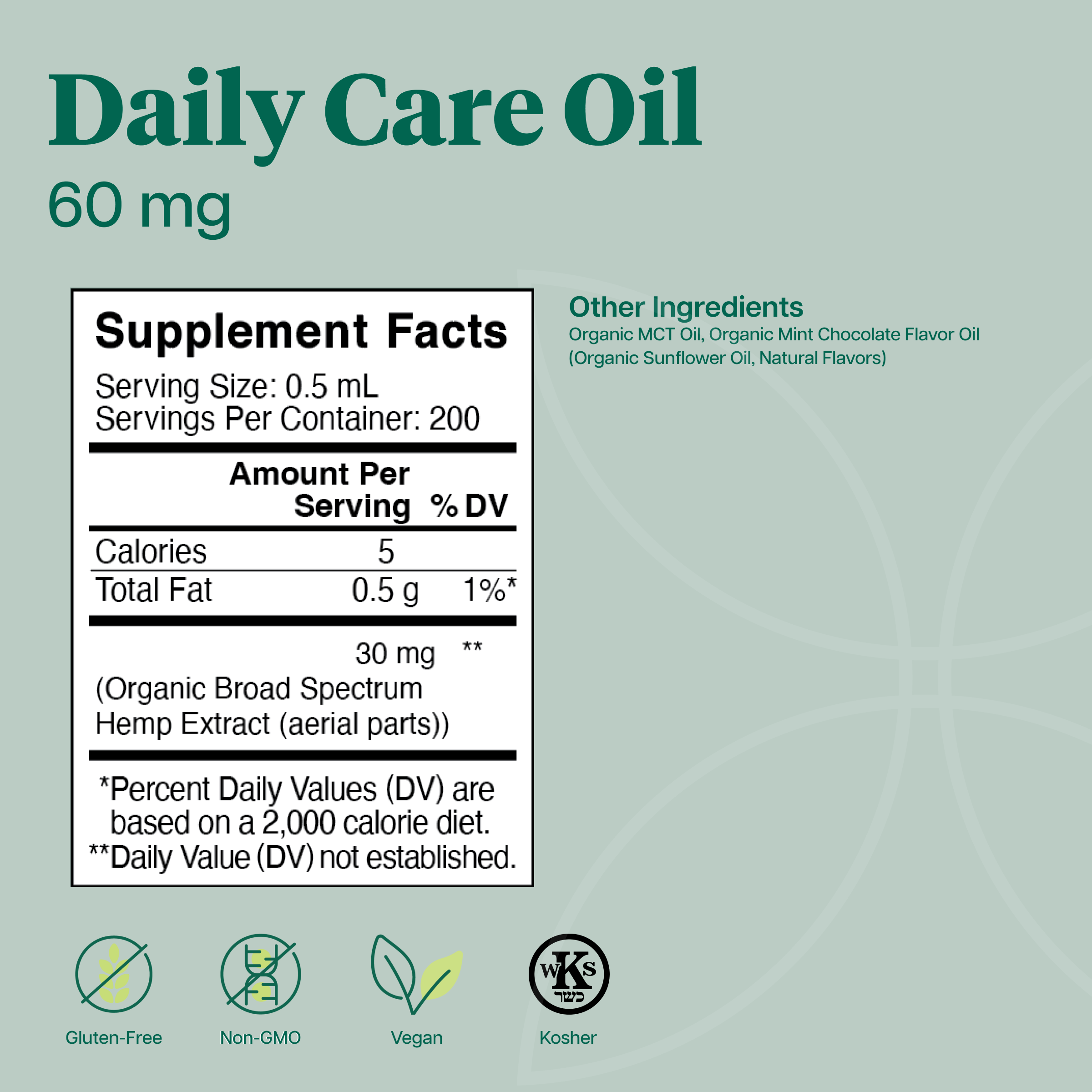 Product Image for A supplement facts label for Daily Care Oil 60 mg, shown on a muted green background with product name, other ingredients, and certification icons for gluten-free, non-GMO, vegan, and kosher.