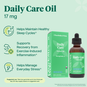 Product Image for Charlotte's Web Daily Care 17 mg Hemp Oil on a light mint green background with product features text and icons.