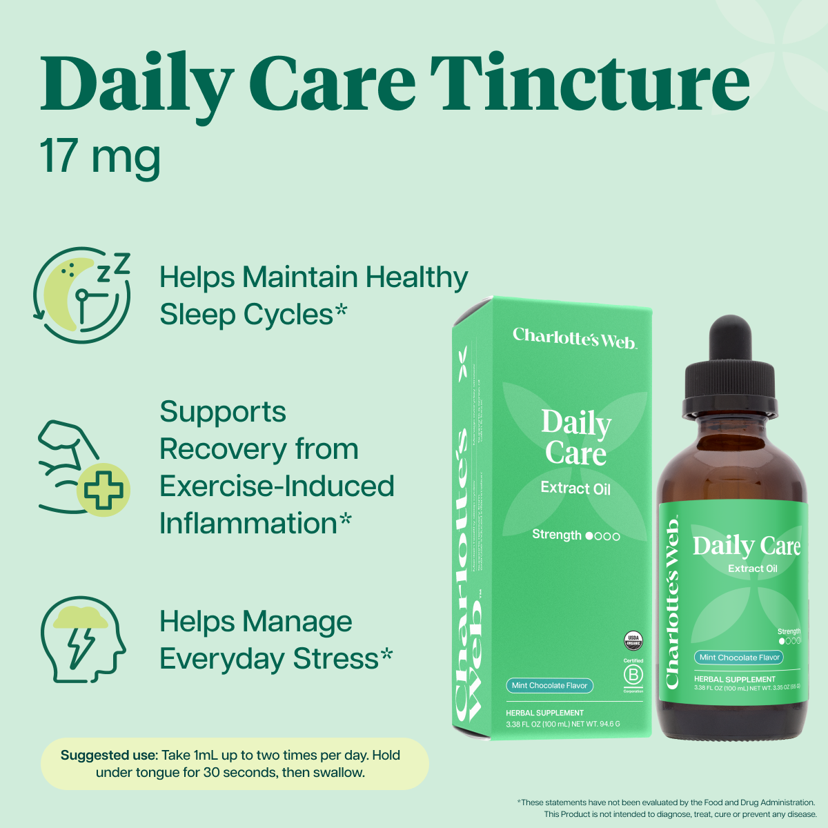 Charlotte's Web Daily Care 17 mg Hemp Oil on a light mint green background with product features text and icons.