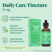 Product Image for Charlotte's Web Daily Care 17 mg Hemp Oil on a light mint green background with product features text and icons.