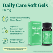 Product Image for Charlotte's Web Daily Care Hemp Soft Gels 25 mg supplement packaging on a light green background with product features text and icons.
