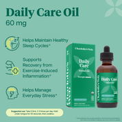 Product Image for Charlotte's Web Daily Care Extract Oil 60 mg bottle on a teal background with product features text and icons.