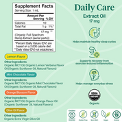 Product Image for Supplement facts label for a Daily Care Extract Oil with green background and various text elements.