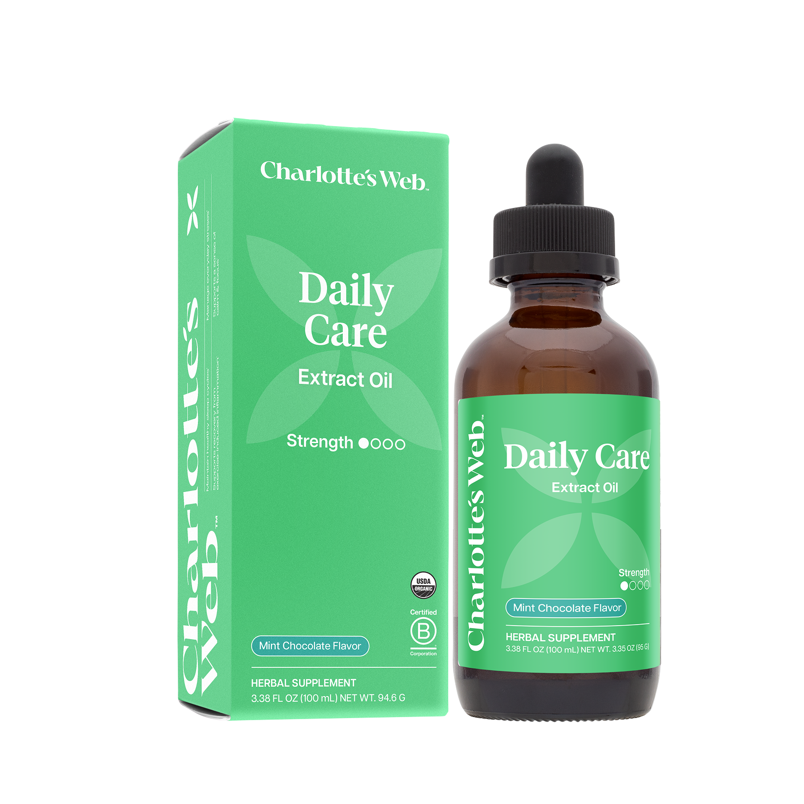 Charlotte's Web Daily Care Extract Oil bottle and packaging on a white background