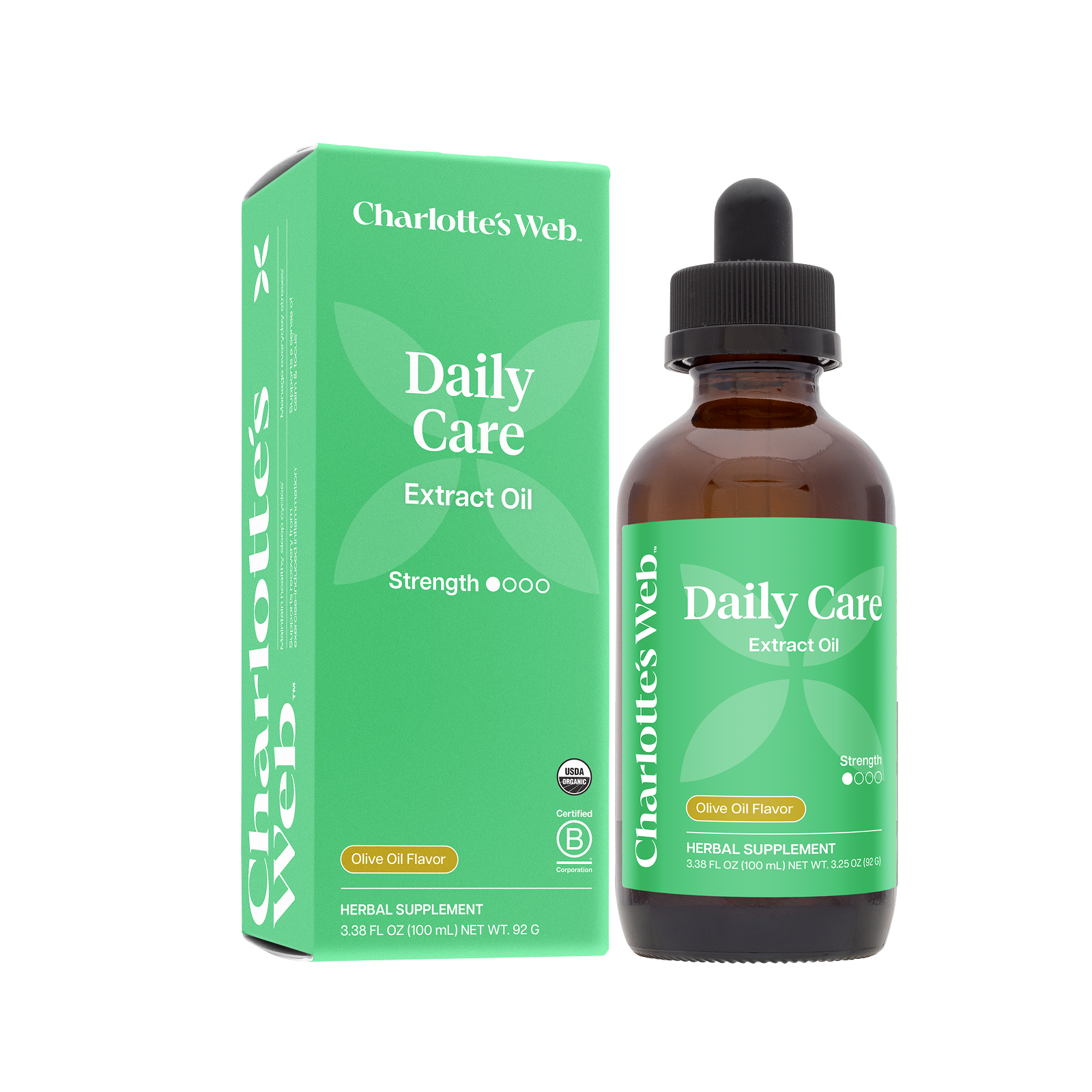 Product Image for Charlotte&#39;s Web Daily Care Extract Oil bottle and packaging on a white background