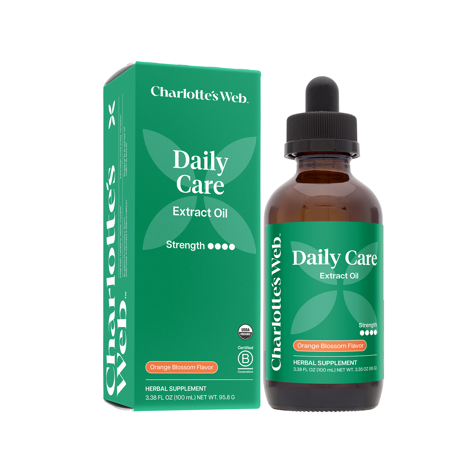 Product Image for Charlotte&#39;s Web Daily Care Extract Oil bottle and packaging on a white background