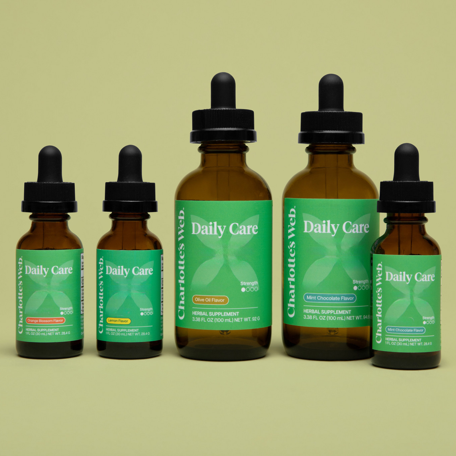 Product Image for Five bottles of Charlotte's Web Daily Care supplements on a green background