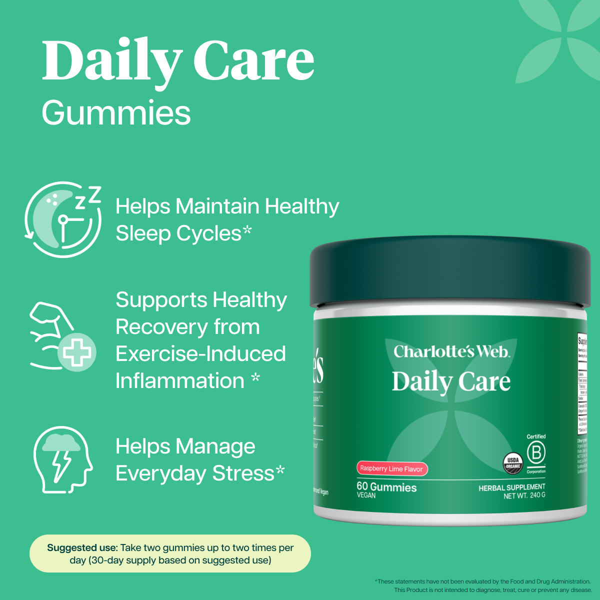 Charlotte's Web Daily Care Gummies on a green background with product features text and icons.
