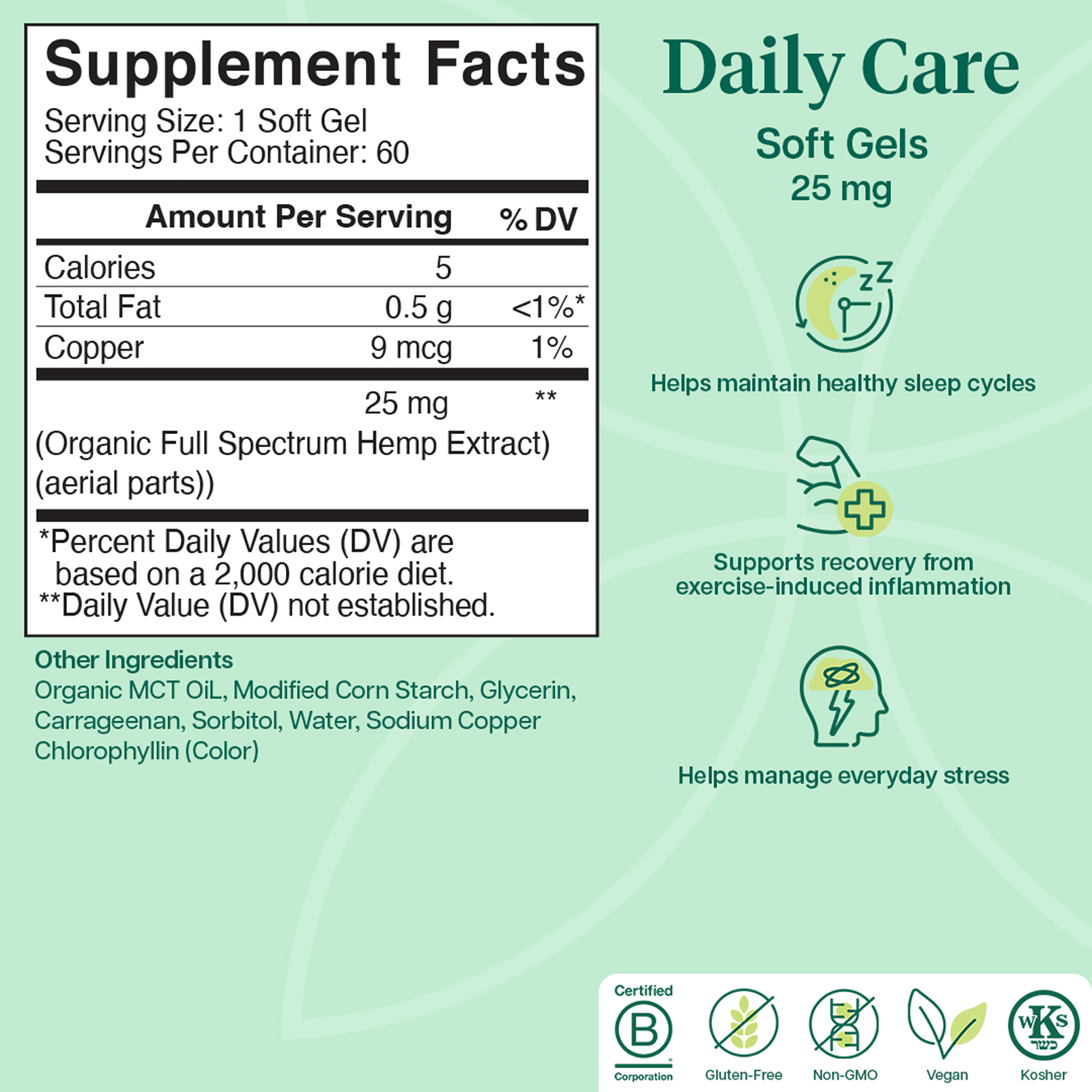 Product Image for Supplement facts label for Daily Care Soft Gels with green background
