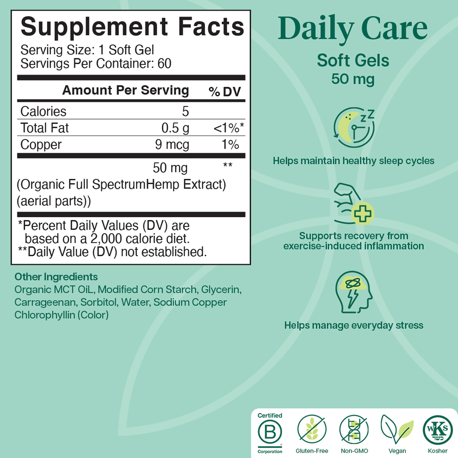 Product Image for Supplement facts label for Daily Care Soft Gels with green background and text.