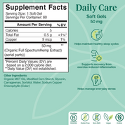 Product Image for Supplement facts label for Daily Care Soft Gels with green background and text.