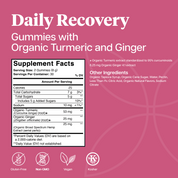Product Image for A pink product label for Daily Recovery Gummies with Organic Turmeric and Ginger, showing a supplement facts panel and icons for gluten-free, non-GMO, vegan, and kosher.