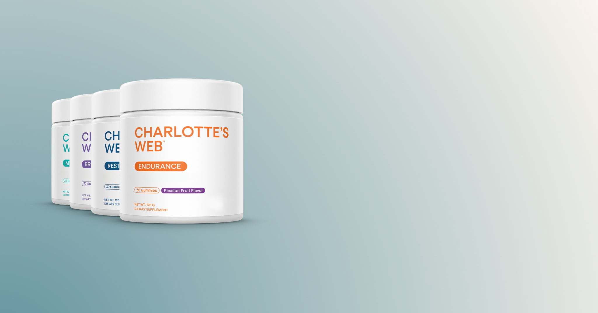 Three jars of Charlotte's Web product on a gradient background