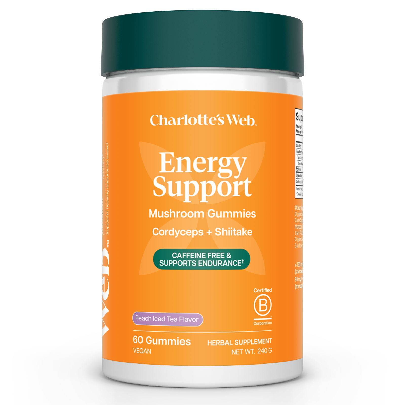 Orange supplement container labeled 'Energy Support' by Charlotte's Web on a white background