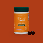 Product Image for Charlotte&#39;s Web Energy Support mushroom gummies container on an orange background