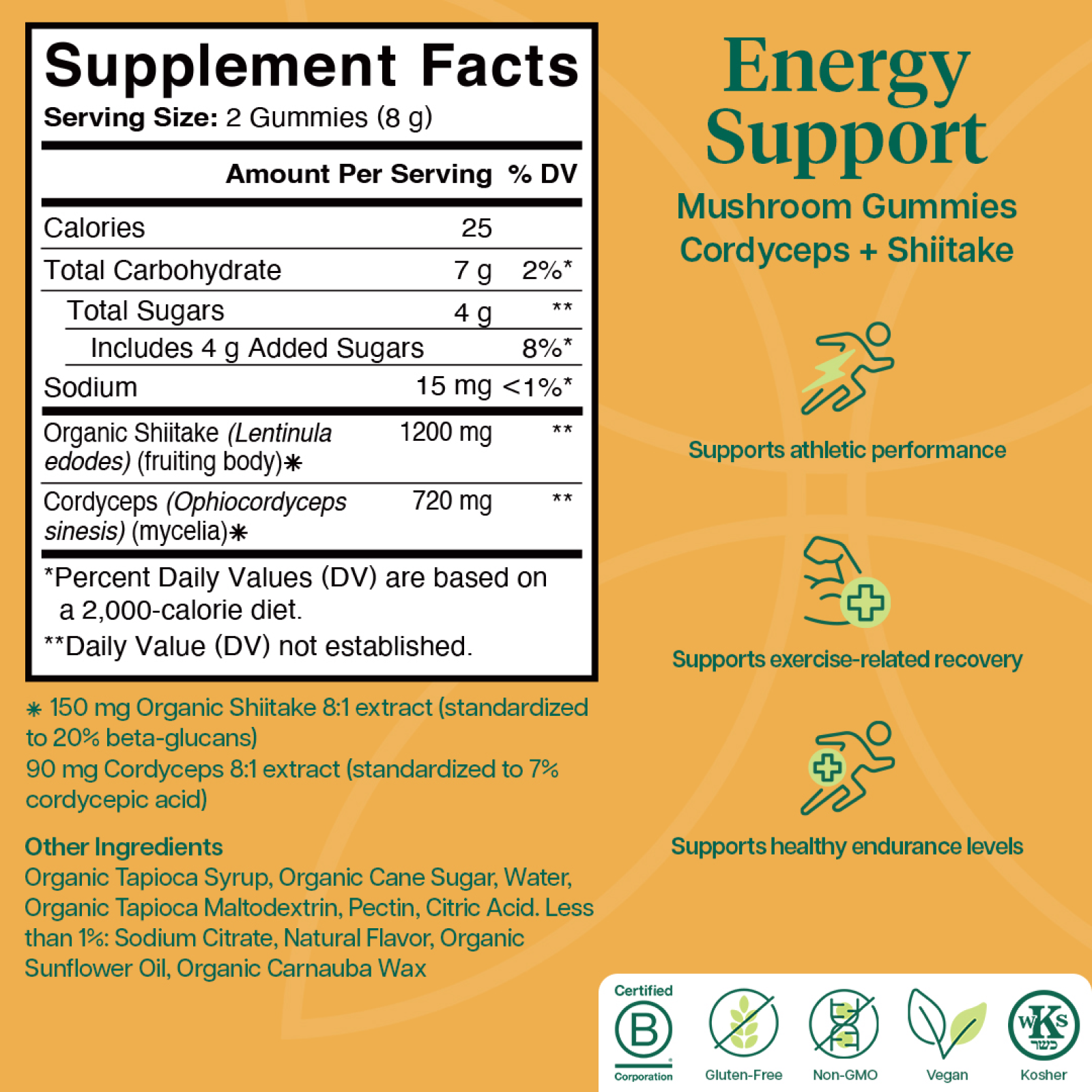 Product Image for Supplement facts label for Mushroom Gummies with energy support benefits on an orange background