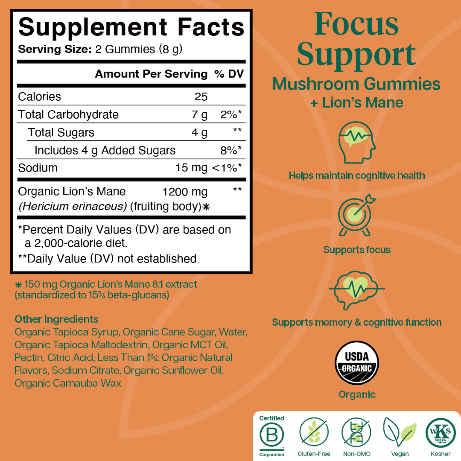 Product Image for Supplement facts label for Focus Support Mushroom Gummies with Lion&#39;s Mane on an orange background.