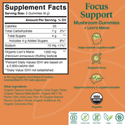 Product Image for Supplement facts label for Focus Support Mushroom Gummies with Lion&#39;s Mane on an orange background.
