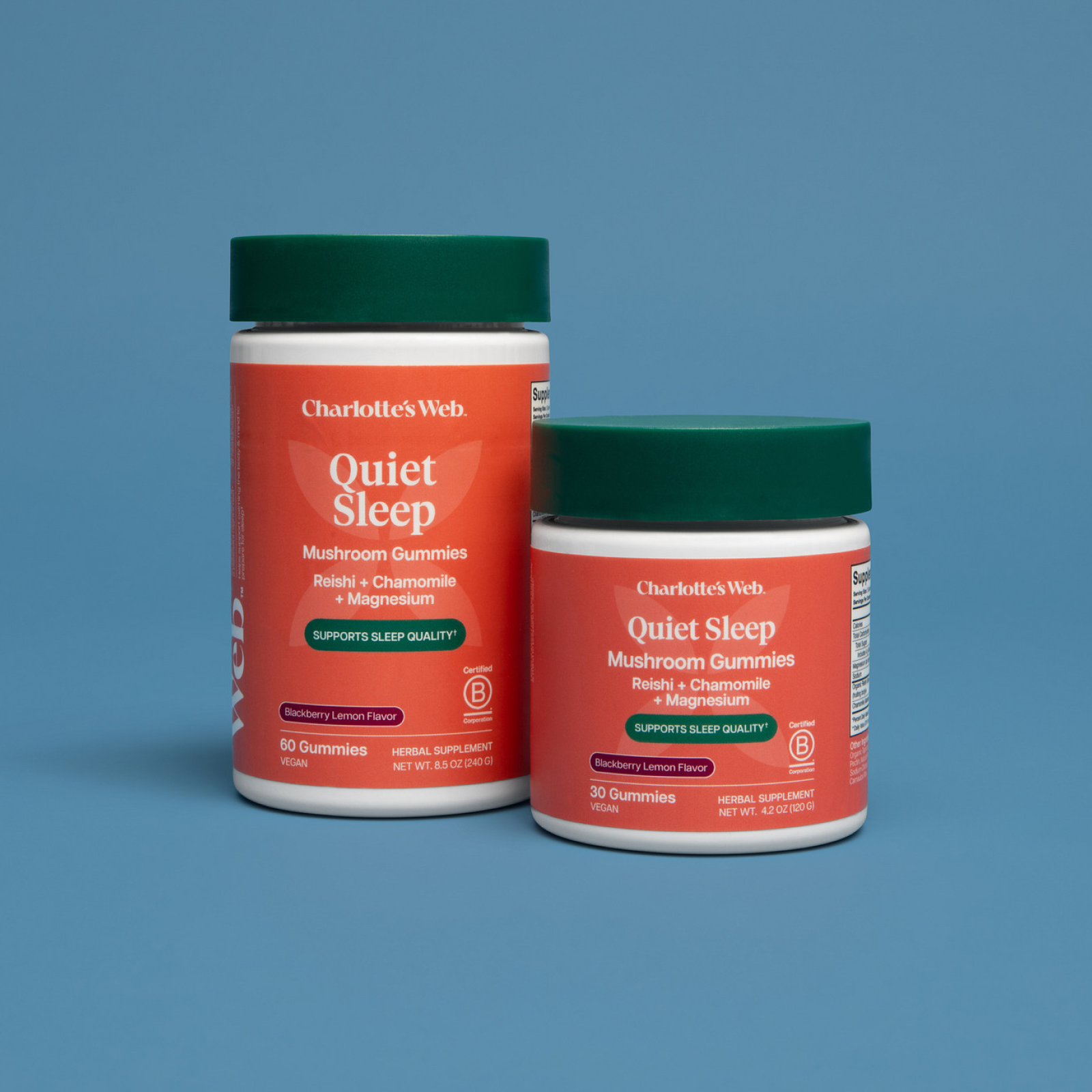 Two jars of Charlotte's Web Quiet Sleep Mushroom Gummies on a blue background