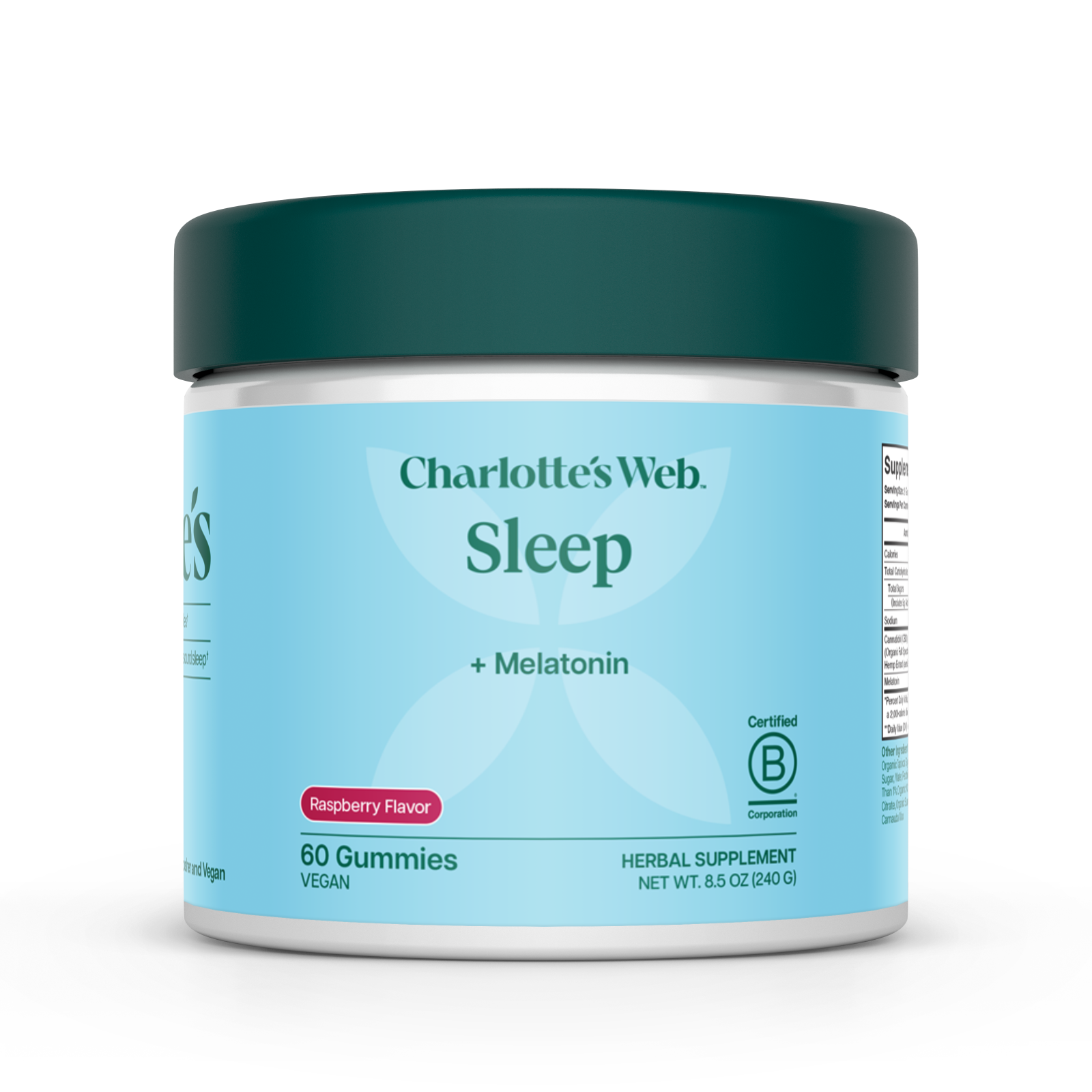Charlotte's Web Sleep + Melatonin herbal supplement jar in Raspberry Flavor. The product is a white plastic tub with a dark teal lid and a light blue label, shown on a clean white background.