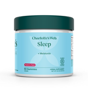 Product Image for Charlotte's Web Sleep + Melatonin herbal supplement jar in Raspberry Flavor. The product is a white plastic tub with a dark teal lid and a light blue label, shown on a clean white background.