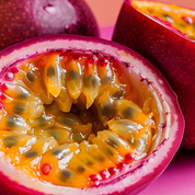 Product Image for Close-up of a halved passion fruit with vibrant pink outer skin and yellowish-orange flesh.