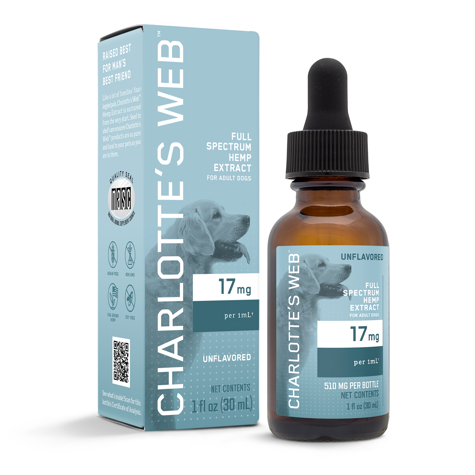 Product Image for Charlotte&#39;s Web full spectrum hemp extract bottle and packaging on a white background