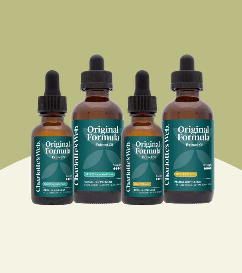 Four bottles of Original Formula Extract Oil from Charlotte's Web on a white surface with a green background.