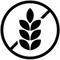 Black and white gluten-free icon with stylized wheat stalk crossed out inside circular border signifying absence of gluten for dietary safety and allergen compliance.