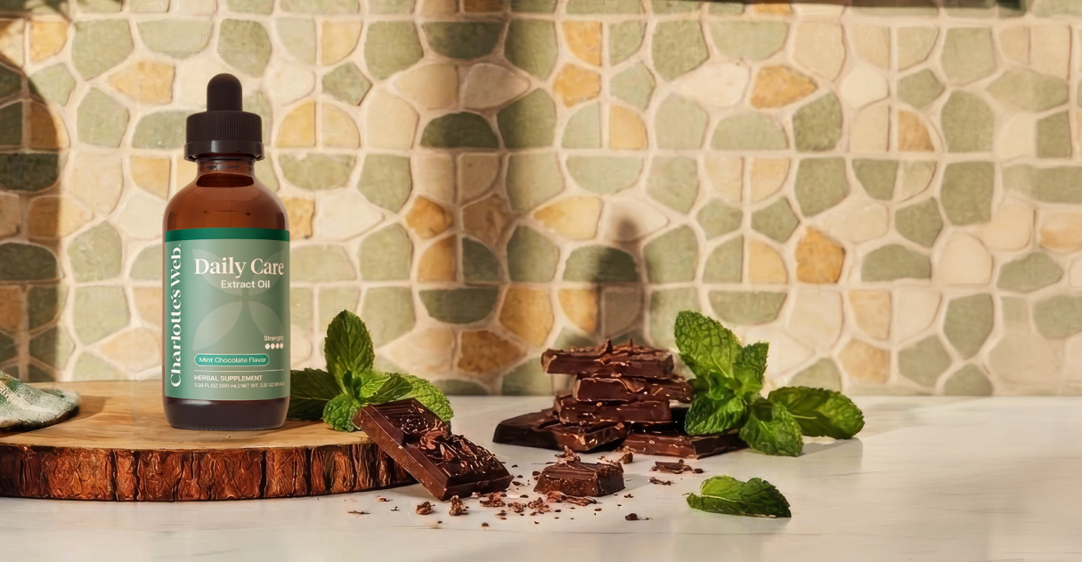 An amber glass dropper bottle labeled 'Daily Care' stands on a wooden slice beside chocolate pieces, mint leaves, and crumbs on a white countertop, with a mosaic tile backsplash behind it.