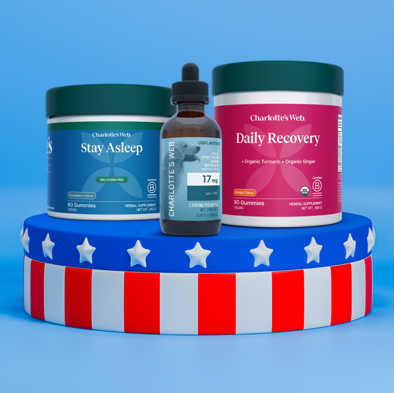 Charlotte's Web gummies and oil products on a blue background