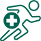 Green icon of a person running with a cross inside a circle