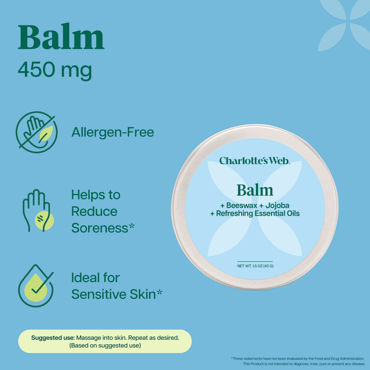 Charlotte's Web Balm 450 mg hemp extract on a light blue background, showing a round balm tin with a blue label and product features: allergen-free, helps reduce soreness, and ideal for sensitive skin.